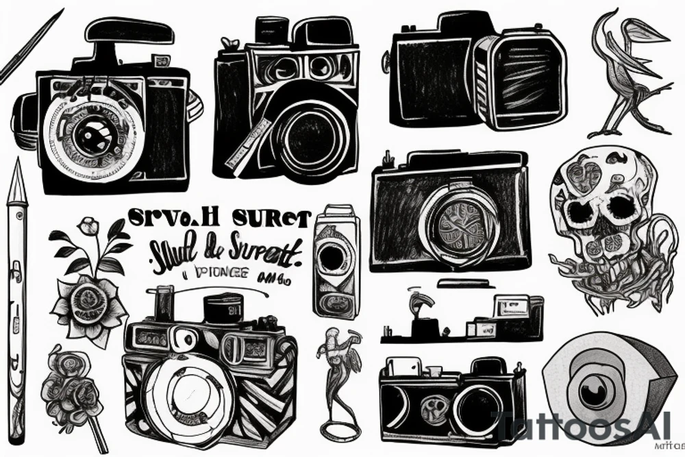 Artistic representation of my love for drawing, painting, photography, vintage cameras and the macabre with the quote, "Create to Survive." tattoo idea
