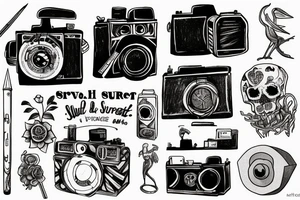 Artistic representation of my love for drawing, painting, photography, vintage cameras and the macabre with the quote, "Create to Survive." tattoo idea