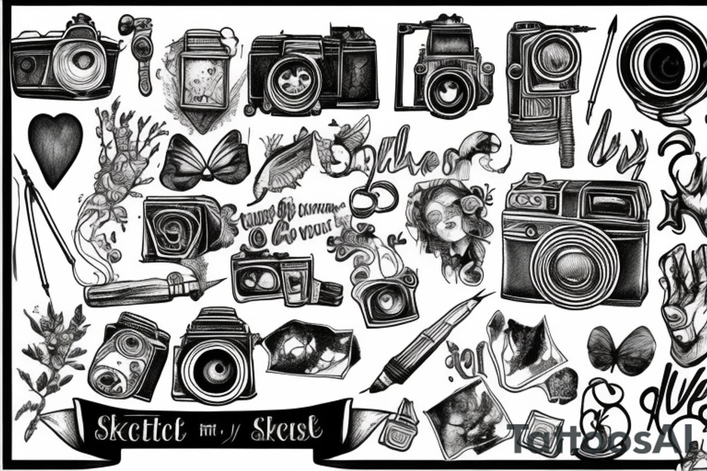 Artistic representation of my love for drawing, painting, photography, vintage cameras and the macabre with the quote, "Create to Survive." tattoo idea