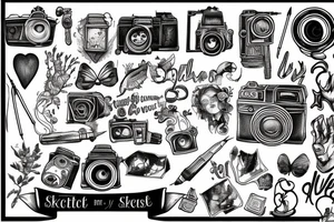 Artistic representation of my love for drawing, painting, photography, vintage cameras and the macabre with the quote, "Create to Survive." tattoo idea