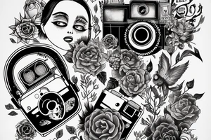 Artistic representation of my love for drawing, painting, photography, vintage cameras and the macabre with the quote, "Create to Survive." tattoo idea