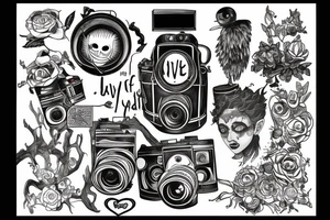Artistic representation of my love for drawing, painting, photography, vintage cameras and the macabre with the quote, "Create to Survive." tattoo idea