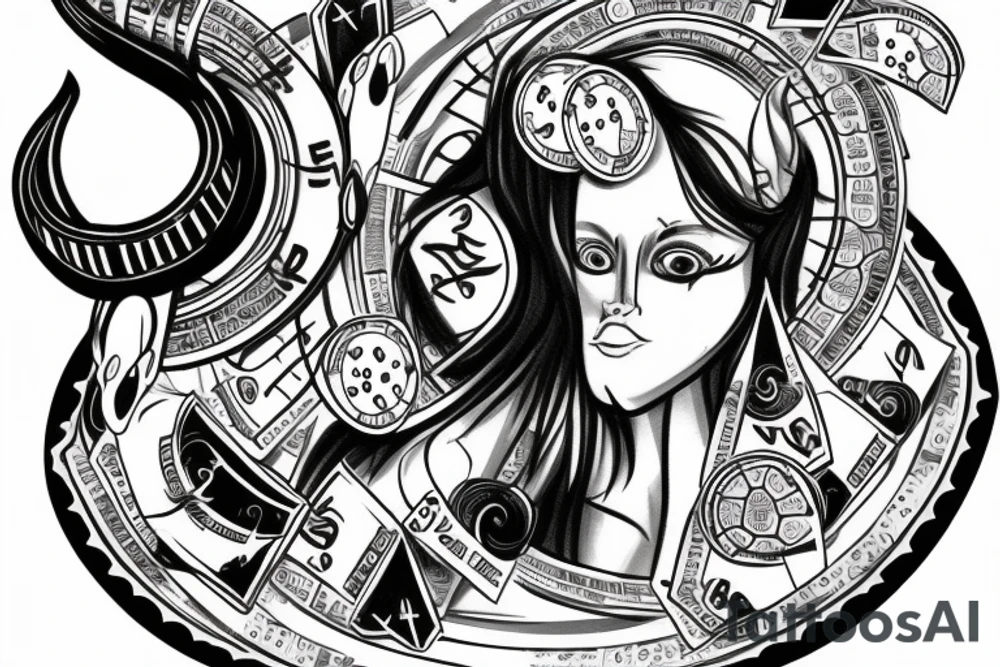 Capricorn with math formula in head and poker chips and money at the bottom tattoo idea