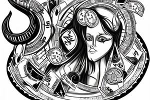 Capricorn with math formula in head and poker chips and money at the bottom tattoo idea