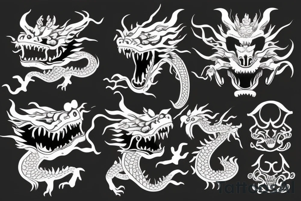 Aggressive chinese dragon aroubd a skull with flaming eyes tattoo idea