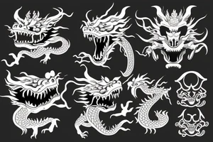 Aggressive chinese dragon aroubd a skull with flaming eyes tattoo idea