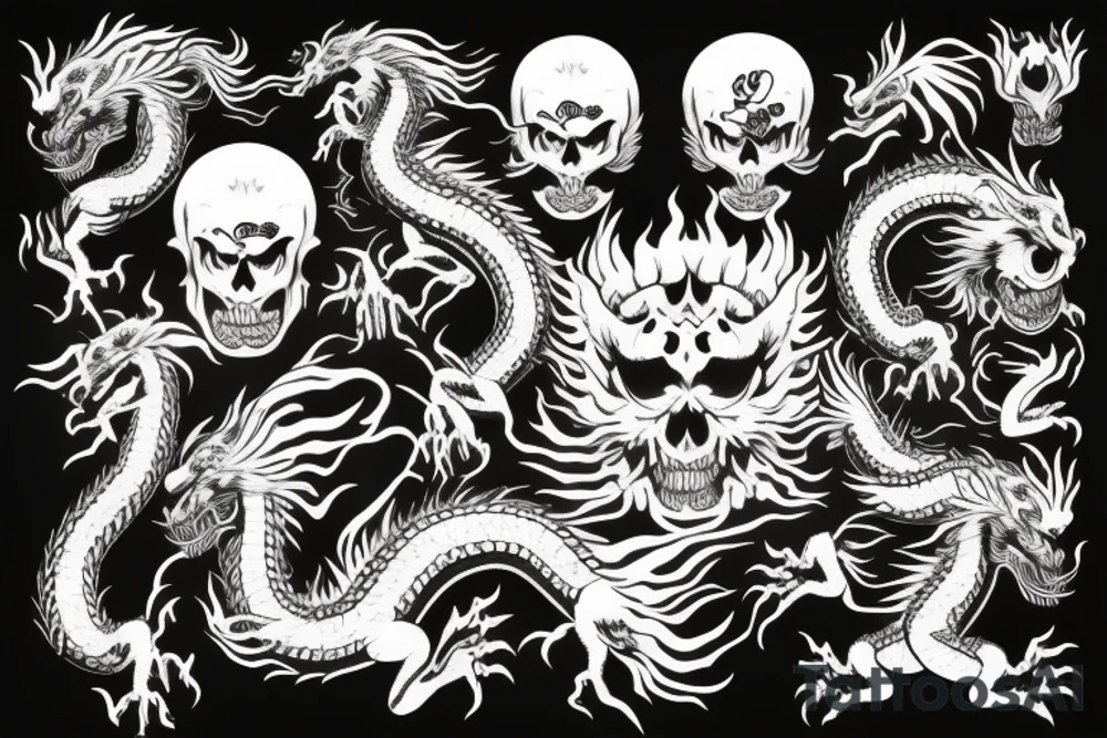 Aggressive chinese dragon aroubd a skull with flaming eyes tattoo idea