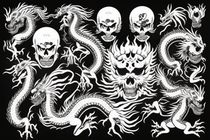 Aggressive chinese dragon aroubd a skull with flaming eyes tattoo idea