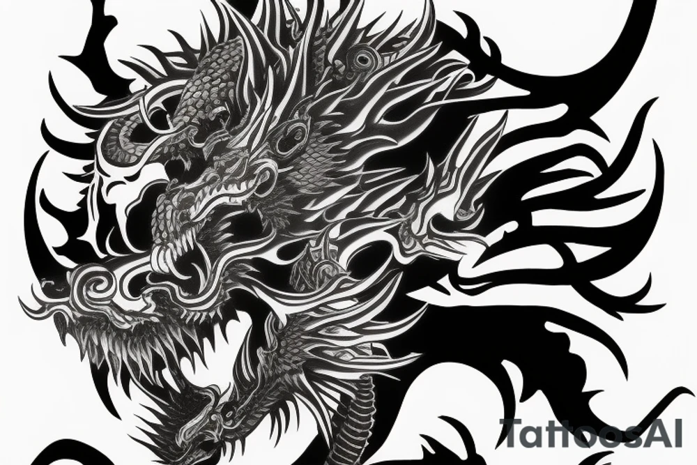 Aggressive chinese dragon around a skull with flaming eyes tattoo idea