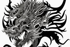 Aggressive chinese dragon around a skull with flaming eyes tattoo idea