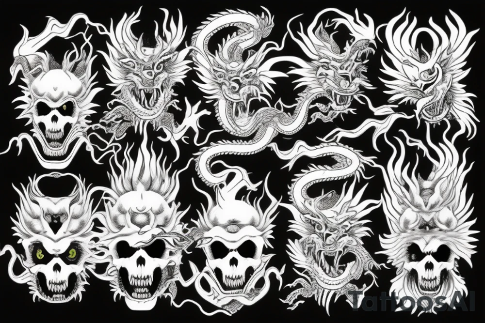 Aggressive chinese dragon around a skull with flaming eyes tattoo idea