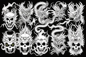 Aggressive chinese dragon around a skull with flaming eyes tattoo idea