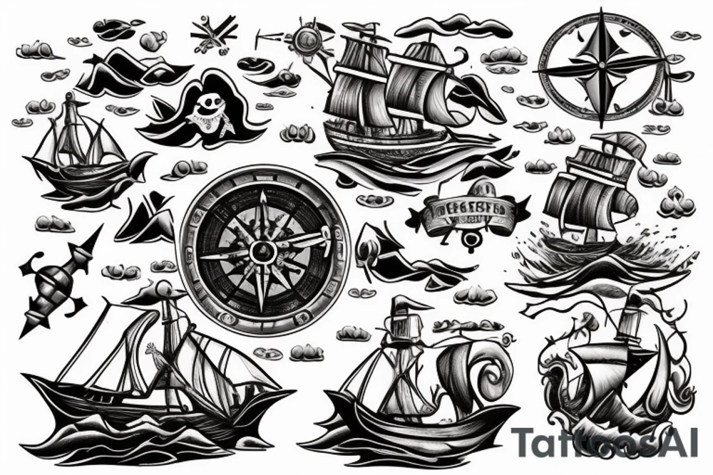 a pirate ship sailing a stormy sea with waves and thunders and you can see an island on the background with a treasure map and a compass tattoo idea
