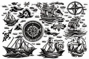 a pirate ship sailing a stormy sea with waves and thunders and you can see an island on the background with a treasure map and a compass tattoo idea