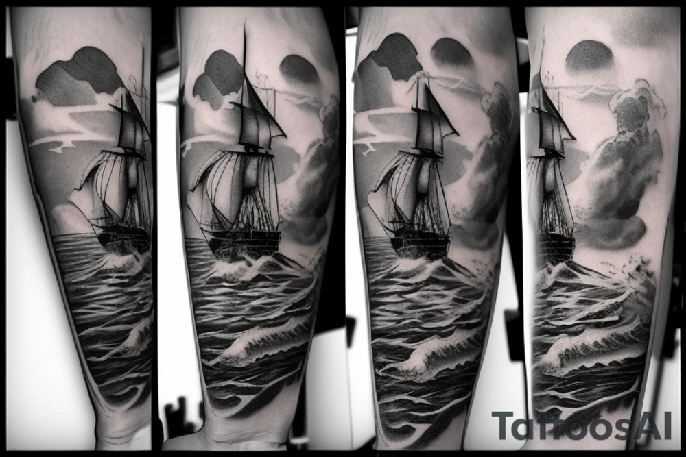 a pirate ship sailing a stormy sea with waves and thunders and you can see an island on the background with a treasure map and a compass tattoo idea