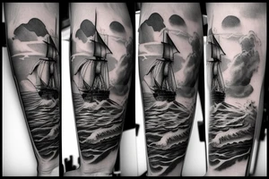 a pirate ship sailing a stormy sea with waves and thunders and you can see an island on the background with a treasure map and a compass tattoo idea