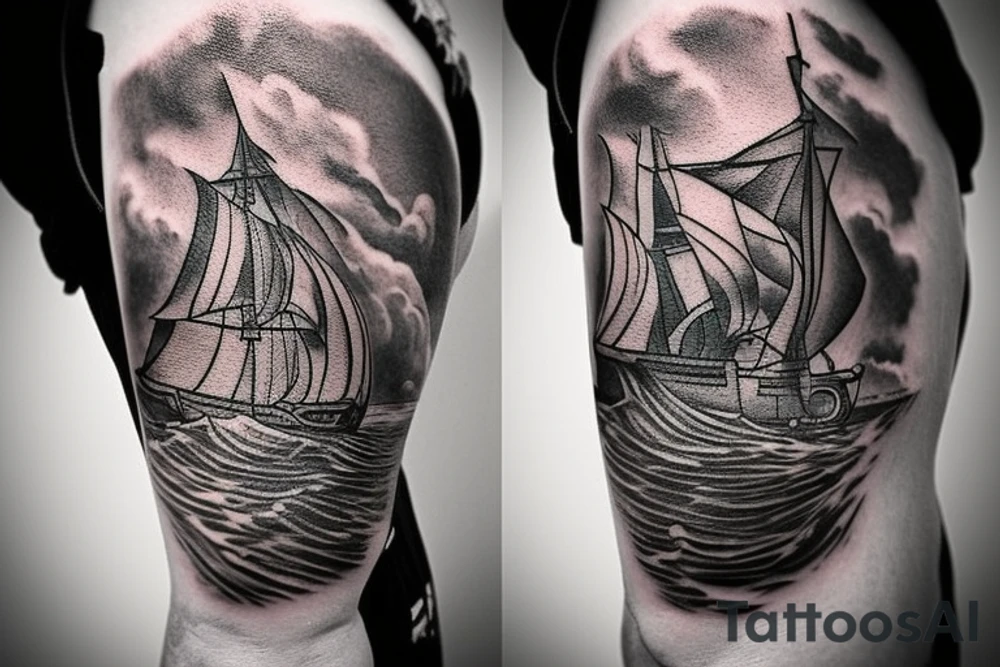 a pirate ship sailing a stormy sea and you can see an island on the background with a treasure map and a compass tattoo idea