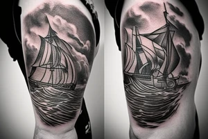 a pirate ship sailing a stormy sea and you can see an island on the background with a treasure map and a compass tattoo idea