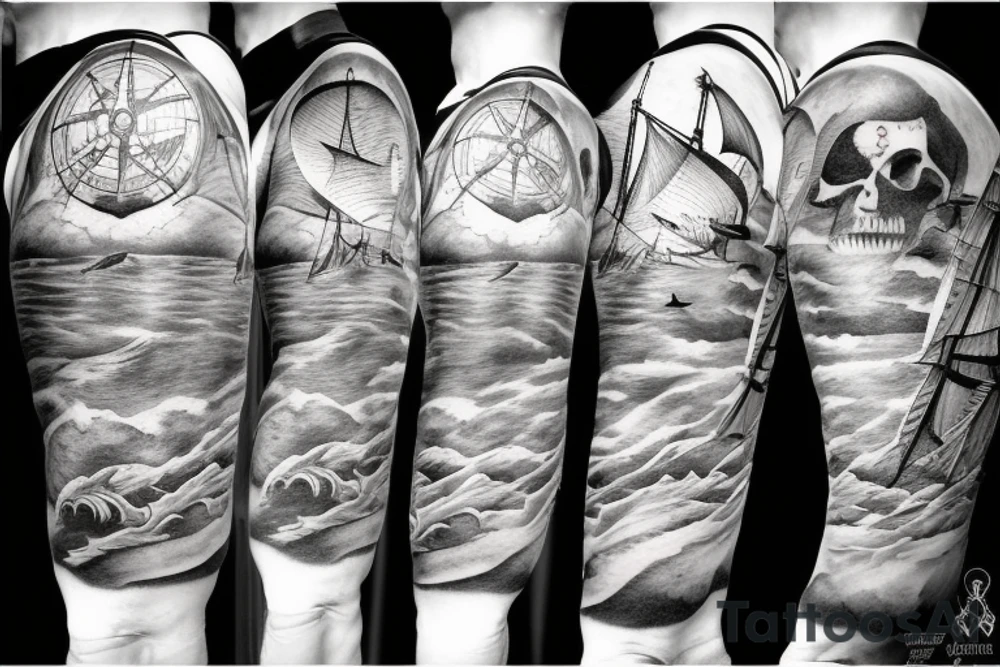 a pirate ship sailing a stormy sea and you can see an island on the background with a treasure map and a compass tattoo idea