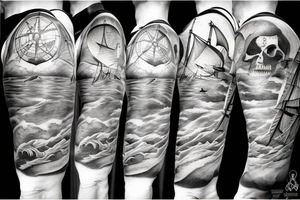 a pirate ship sailing a stormy sea and you can see an island on the background with a treasure map and a compass tattoo idea