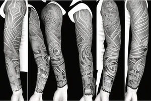 Left arm full sleeve with black and grey shading inspired by travel around Asia and finding yourself tattoo idea