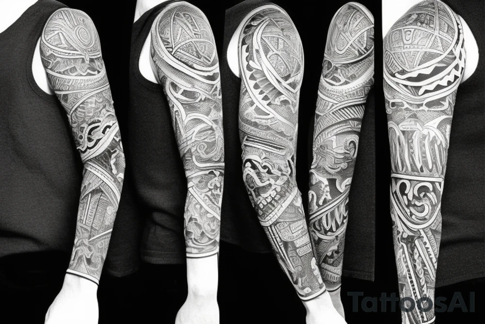 Left arm full sleeve with black and grey shading inspired by travel around Asia and finding yourself tattoo idea