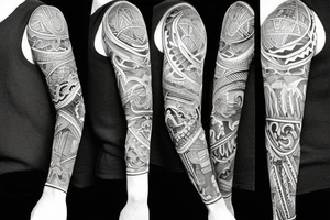 Left arm full sleeve with black and grey shading inspired by travel around Asia and finding yourself tattoo idea