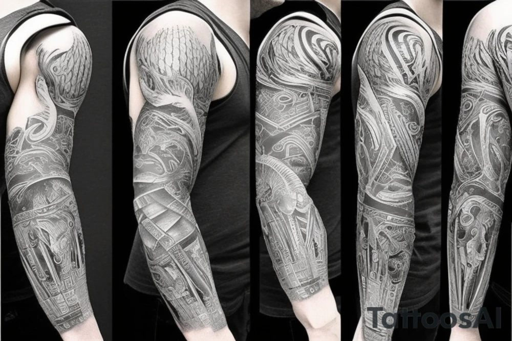 Left arm full sleeve with black and grey with ultra realistic design tattoo idea
