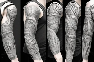 Left arm full sleeve with black and grey with ultra realistic design tattoo idea