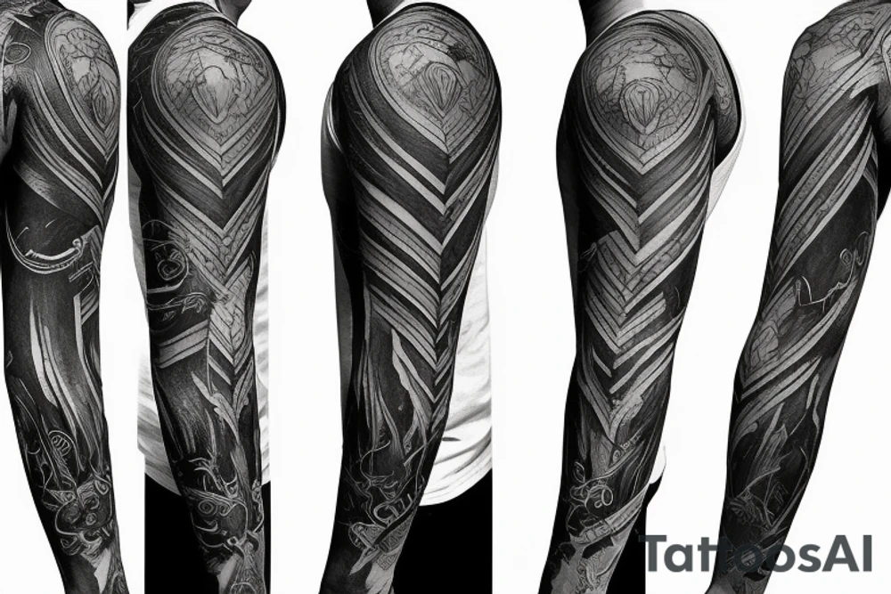 Left arm full sleeve with black and grey with ultra realistic design tattoo idea