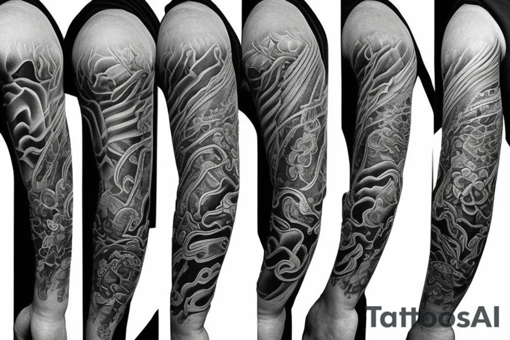 Left arm full sleeve with black and grey with ultra realistic design inspired by Japan around being resilient tattoo idea