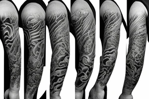 Left arm full sleeve with black and grey with ultra realistic design inspired by Japan around being resilient tattoo idea