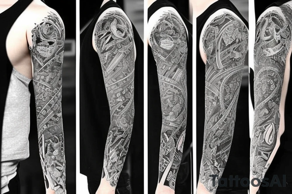 Left arm full sleeve with black and grey with ultra realistic design inspired by Japan around being resilient tattoo idea
