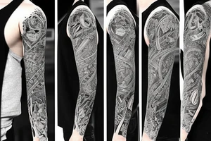 Left arm full sleeve with black and grey with ultra realistic design inspired by Japan around being resilient tattoo idea