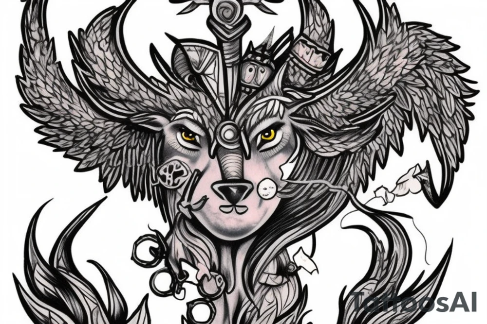 Female Minotaur with Griffin Pet tattoo idea