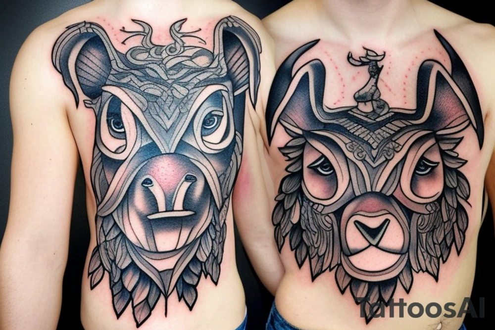 Female Minotaur with Griffin Pet tattoo idea