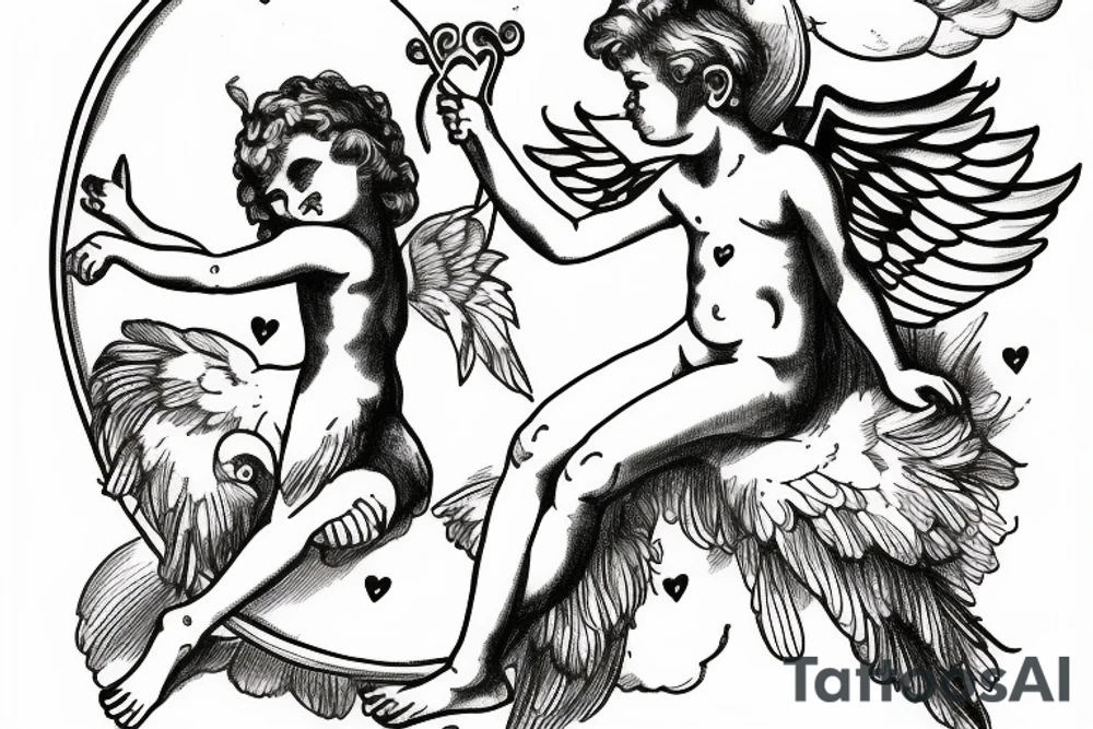 Cupid sitting on cloud with arc in hands tattoo idea