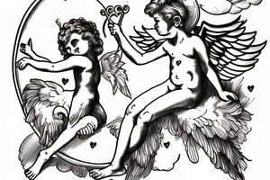 Cupid sitting on cloud with arc in hands tattoo idea