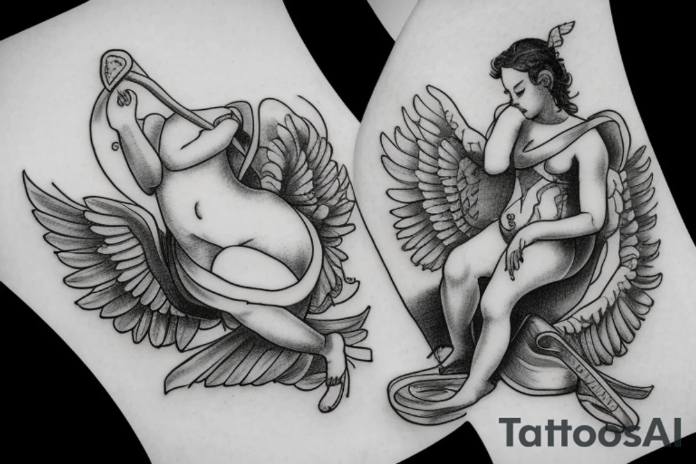 Cupid sitting on cloud with arc in hands tattoo idea