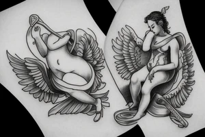 Cupid sitting on cloud with arc in hands tattoo idea