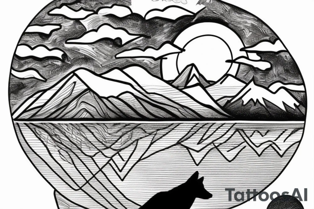 a wolf by the lake looking down into water and a reflection with the baby wolf looks back with mountain and the moon and sky in background tattoo idea