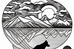 a wolf by the lake looking down into water and a reflection with the baby wolf looks back with mountain and the moon and sky in background tattoo idea