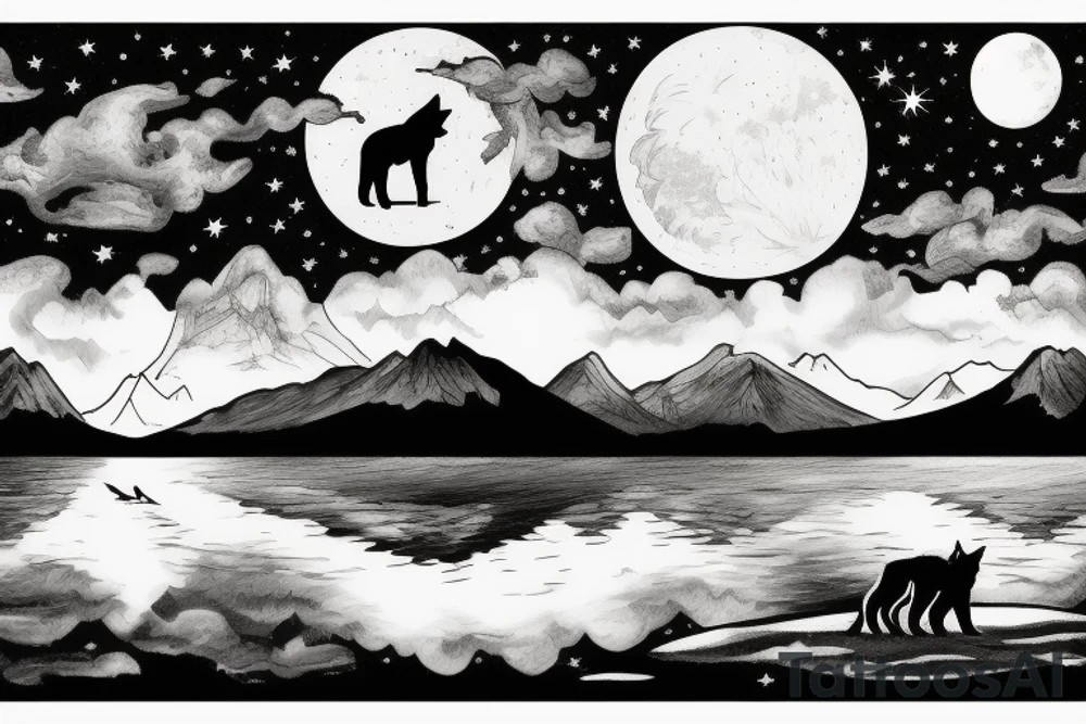 a wolf by the lake looking down into water and a reflection with the baby wolf looks back with mountain and the moon and sky in background tattoo idea