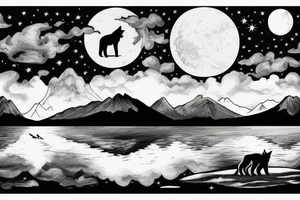 a wolf by the lake looking down into water and a reflection with the baby wolf looks back with mountain and the moon and sky in background tattoo idea