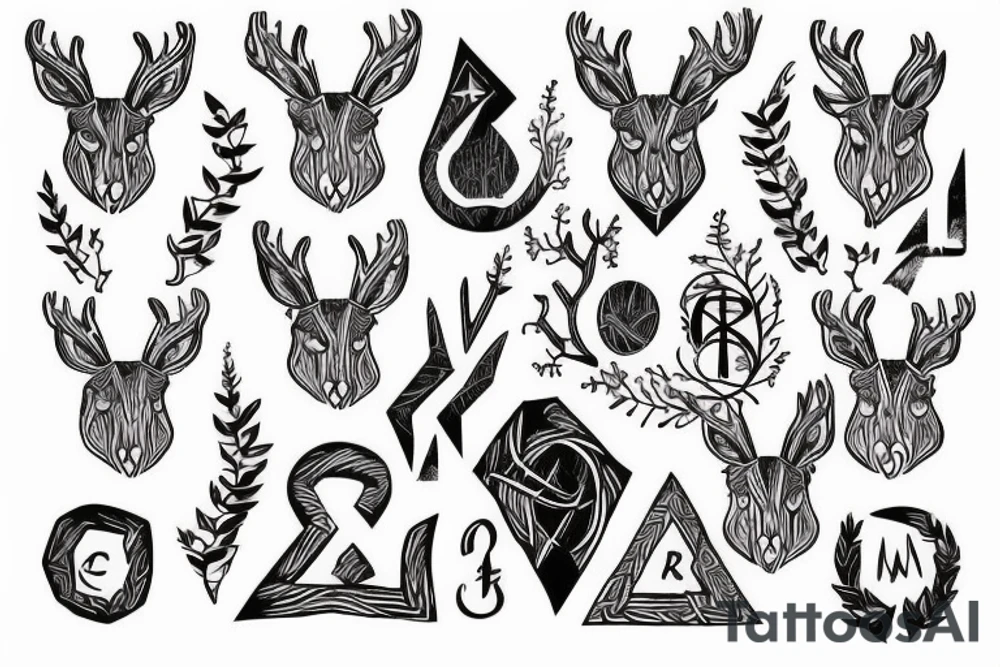 there is a deer in the forest, a rune at the bottom, Scandinavian style tattoo idea