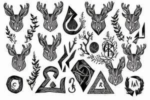 there is a deer in the forest, a rune at the bottom, Scandinavian style tattoo idea