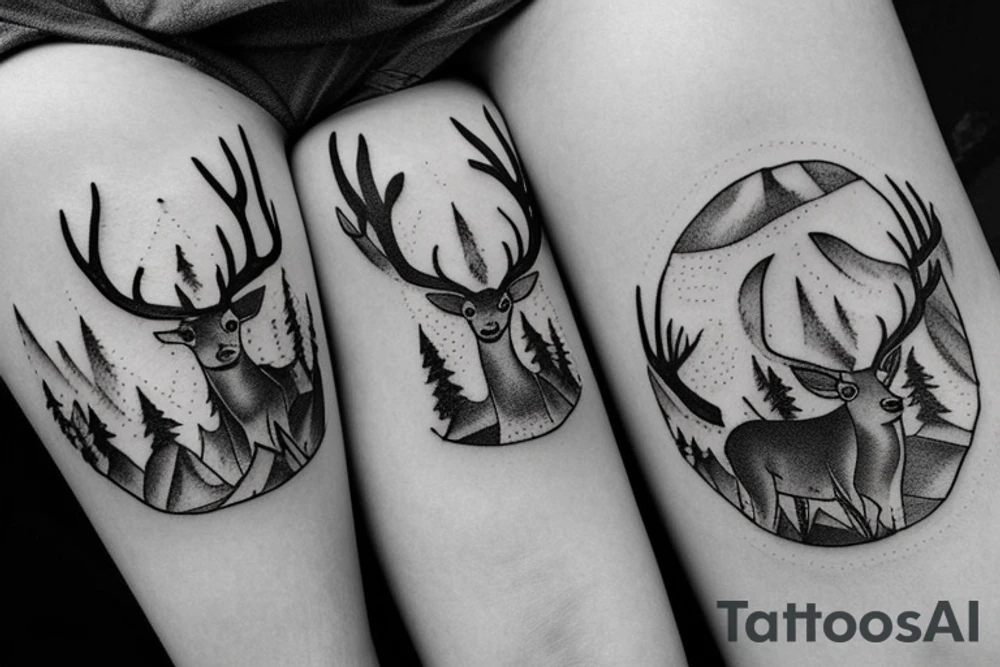 there is a deer in the forest, a rune at the bottom, Scandinavian style tattoo idea