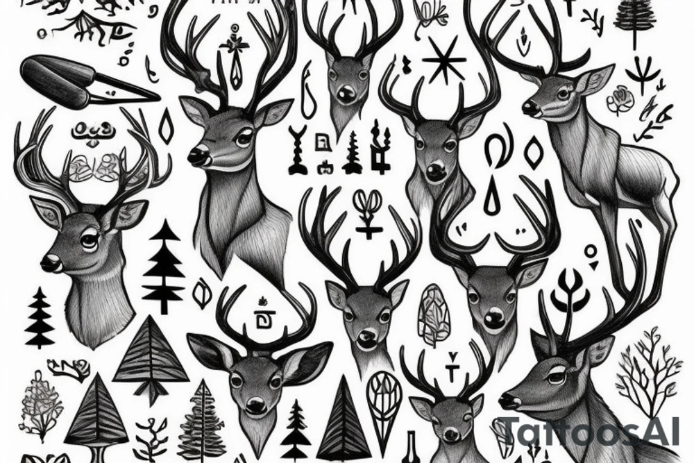 there is a deer in the forest, a rune at the bottom, Scandinavian style tattoo idea