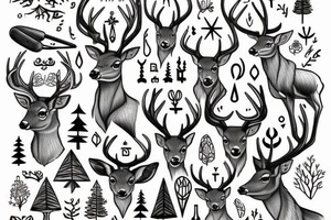 there is a deer in the forest, a rune at the bottom, Scandinavian style tattoo idea