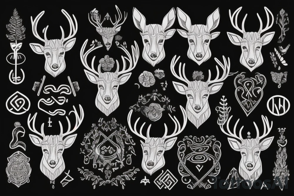 there is a deer in the forest, a rune at the bottom, Scandinavian style tattoo idea